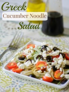 Greek Cucumber "Noodle" Salad. Healthy twist on pasta salad. Great for BBQ's and parties. Perfect for those on a paleo or gluten free diet.