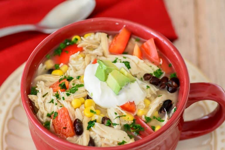Slow Cooker Tex Mex Chicken Soup. So delciious and so comforting. Super easy to make in the crock-pot with just 10 min prep time. Yum!