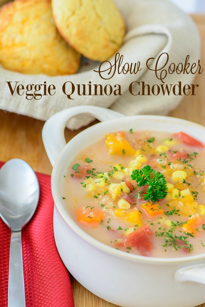 Slow Cooker Veggie Quinoa Chowder. This delicious gluten free soup recipe is perfect for chilly fall evenings and so easy to make in your slow cooker. Yum! 