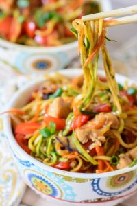 This amazing one skillet zoodle recipe is healthy, low carb, paleo and gluten free and is a perfect healthy meal that is a little sweet and a little spicy. You won't believe how good it tastes!
