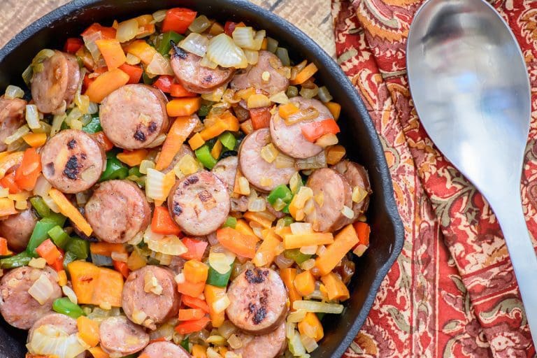 Aidells sausage, peppers, sweet potatoes and onions combine in an easy to make, healthy and delicious meal that takes just 15 minutes. Have to try this yummy sausage hash.