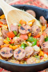 Aidells sausage, peppers, sweet potatoes and onions combine in an easy to make, healthy and delicious meal that takes just 15 minutes. Have to try this yummy sausage hash.