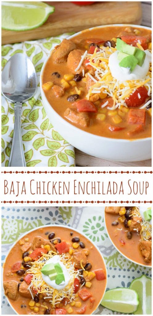 Cozy up with this tasty One Pot Baja Chicken Enchilada Soup! It's healthy, hearty, and full of robust flavor! If you only ever make one mexican soup recipe, it should be this one!