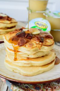 Maple Bacon Pancakes. Light and fluffy pancakes with pure maple syrup and crispy bacon. This pancake recipe is the king of all pancake recipes. You will love every bite!