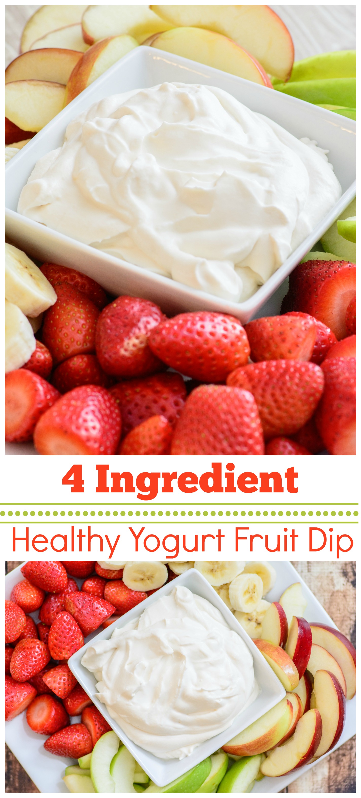 Healthy 4 Ingredient Yogurt Fruit Dip. This healthy and delicious recipe is the perfect compliment to any fruit plate. Made with 3 simple and pure ingredients this fruit dip recipe is sure to be a hit no matter where you serve it!