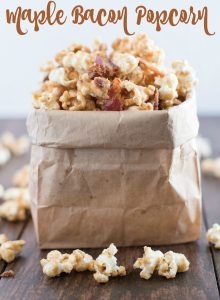 Maple Bacon Popcorn. Sweet maple syrup and savory bacon combine in this heavenly popcorn recipe that is sure to make your taste buds shout for joy!