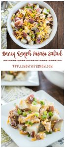 Bacon Ranch Potato Salad. Delicious combination of bacon, ranch cheddar cheese and potatoes. This potato salad is sure to be a hit at any summer picnic or BBQ